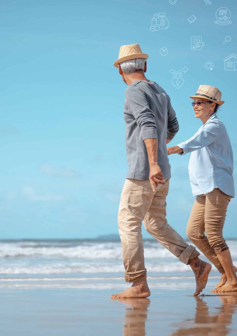 An older man and woman walk barefoot on a sunny beach, wearing hats and casual clothing. The ocean glistens in the background under a clear blue sky. Icons float above them, symbolizing travel and leisure, subtly reminding us of the importance of estate planning for a secure future.