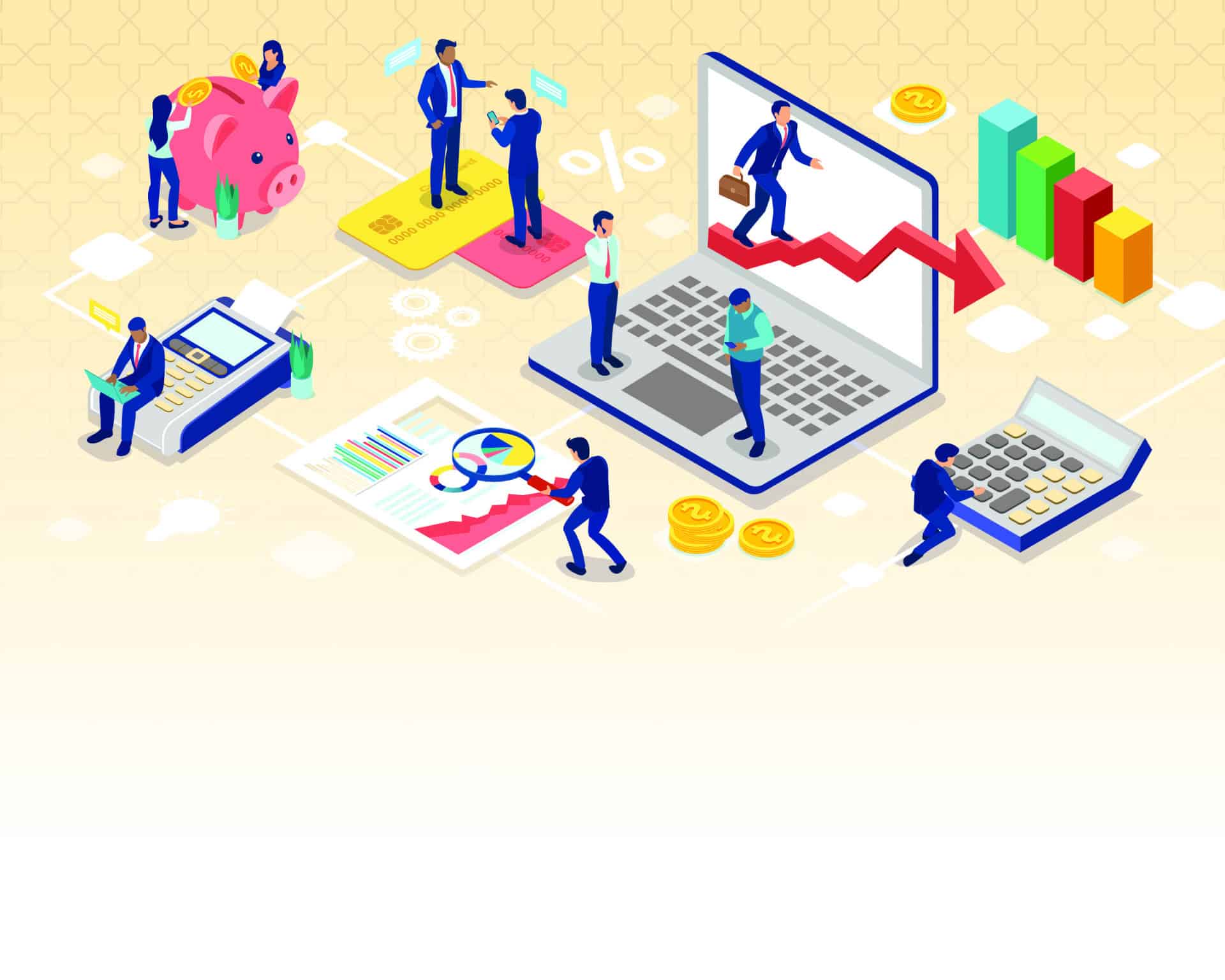 Illustration of business and financial activities, including graphs, charts, calculators, a piggy bank, a laptop with a declining red arrow, and people interacting with these elements reflecting tax changes from the Malaysian Budget 2022.