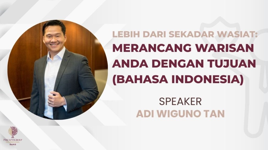 A man in a suit smiling, next to text about an Indonesian presentation on purposeful inheritance planning by speaker Adi Wiguno Tan—one of the exciting upcoming events you won’t want to miss.
