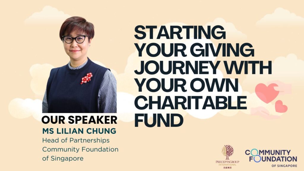 Ms Lilian Chung, Head of Partnerships at Community Foundation of Singapore, is featured next to text about starting a charitable fund. Logos are displayed at the bottom, highlighting their role in esp-events and upcoming events 2025.