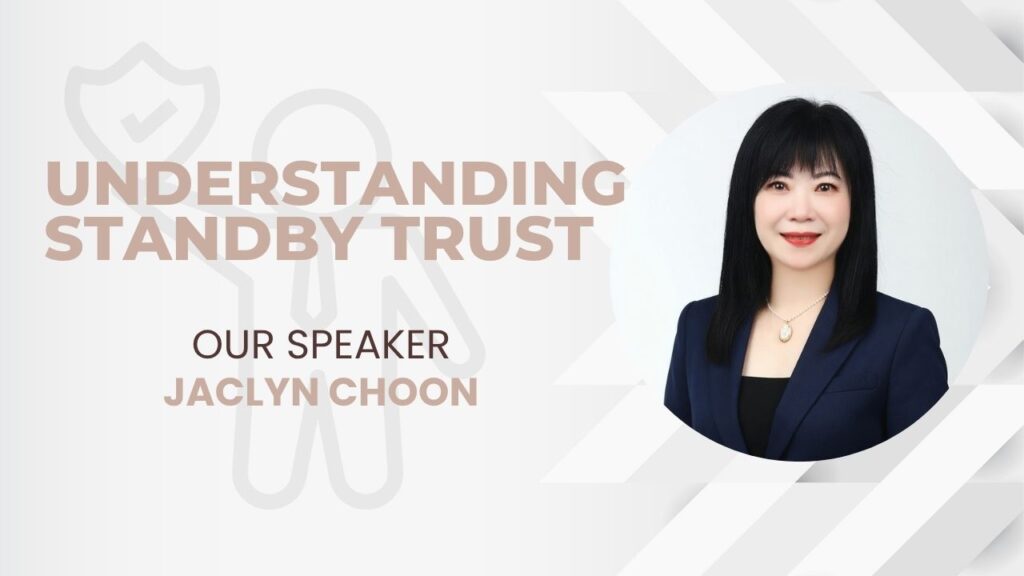 Professional woman in a navy blazer is presented as the speaker for a talk titled "Understanding Standby Trust." The name Jaclyn Choon is featured under "Our Speaker," highlighting her participation in upcoming events 2026 as part of our esp-events series.
