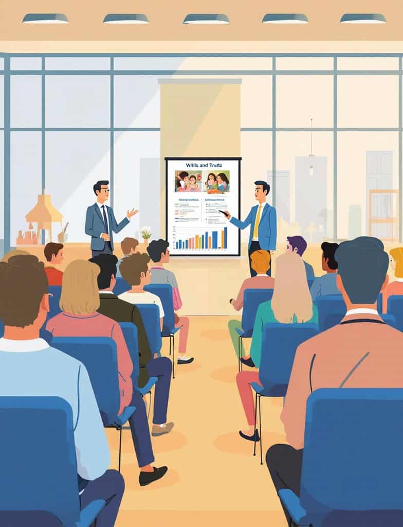 Two men present charts and images on a screen to an audience seated in a modern conference room with large windows.