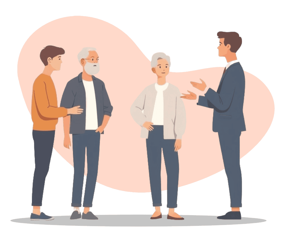 Illustration of three casually dressed older adults and one younger man in a suit standing together and having a conversation against a peach-colored abstract background.