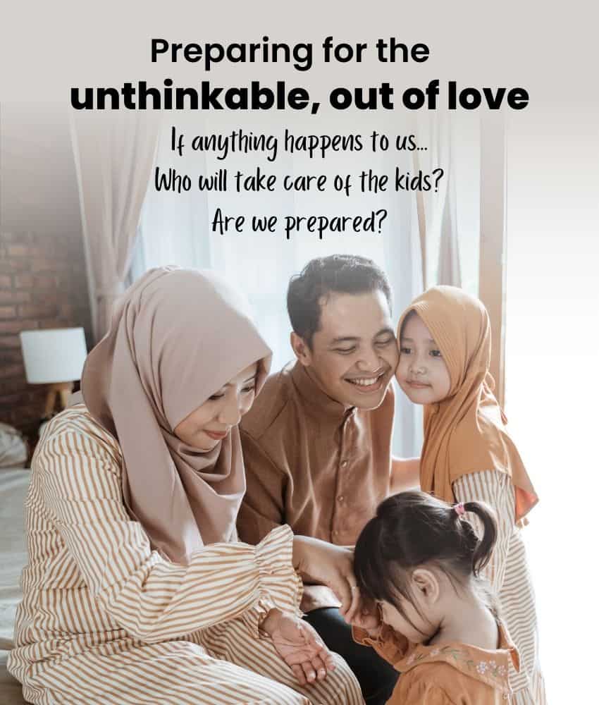 A family with two children sits together on a bed. Text above them discusses preparing for emergencies and ensuring children's care if something happens to the parents.