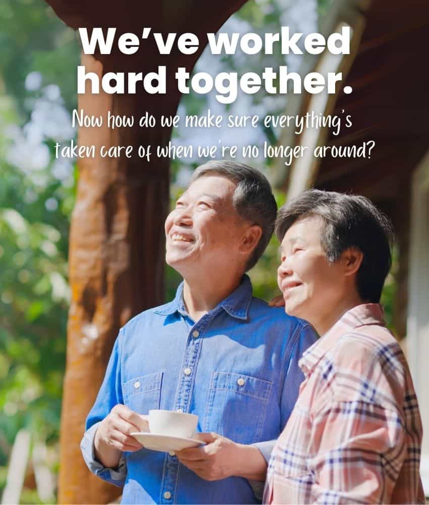 An older couple stands outside, smiling and looking into the distance. The text asks about planning for when they are no longer around.