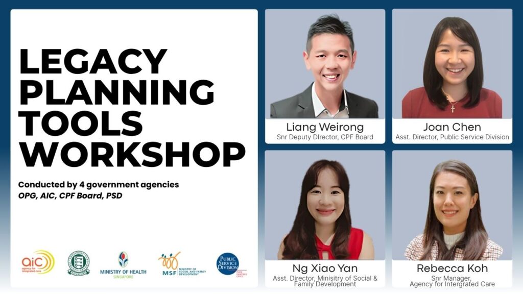Workshop poster titled "Legacy Planning Tools Workshop" featuring photos and names of four speakers from various government agencies, along with agency logos and event details.
