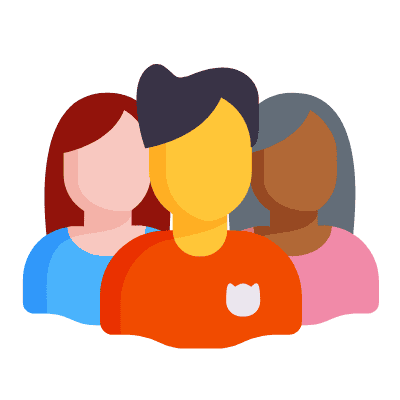 Illustration of three faceless people standing together, featuring diverse skin tones and different hair colors, symbolizing community or teamwork.