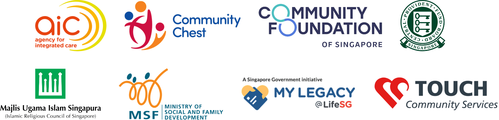 A collection of eight logos from various Singaporean organizations, including government agencies, charities, and community service groups—featured alongside promotions for free estate planning talks and wills and trusts talks—arranged in two rows.