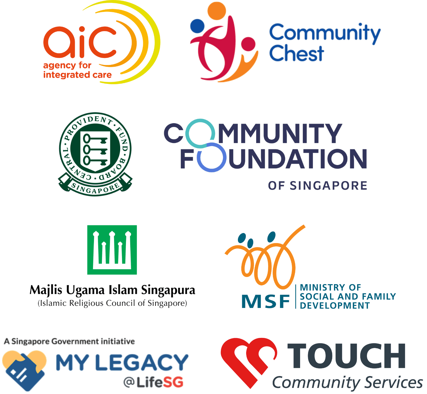 A collage of logos from various Singaporean social service and government organizations, including AIC, Community Chest, MSF, and others, highlights their support for free estate planning talks on a white background.