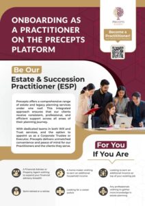 Poster for Precepts' Estate & Succession Practitioner program, outlining benefits and target audience with images of professionals discussing documents.