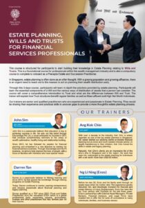 Four business professionals shake hands in a meeting room. Below, a course flyer highlights professional estate planning courses, listing trainers with brief bios and photos, plus course details for financial services professionals.