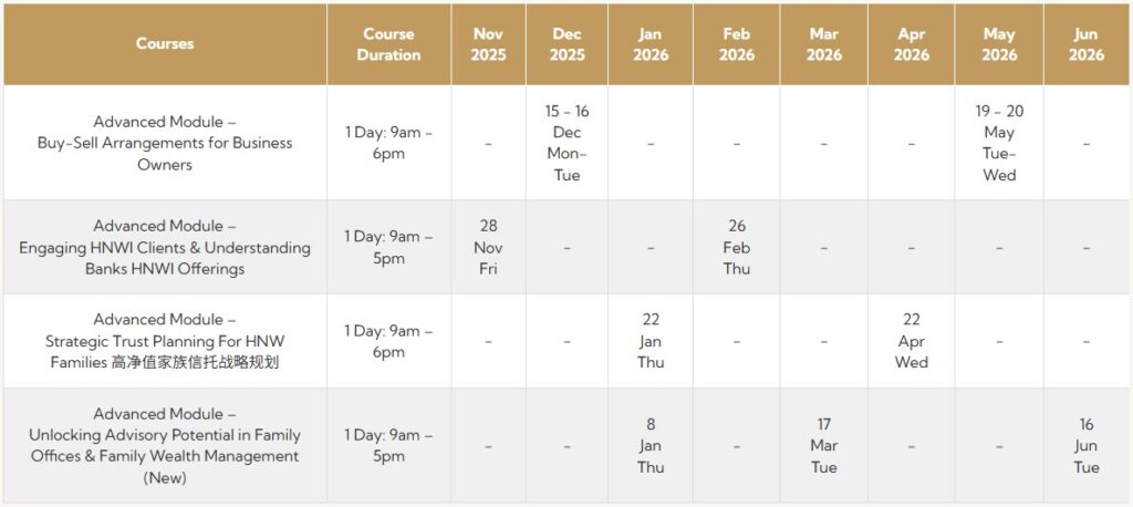 A table shows a schedule of advanced business and wealth management modules, including AEPP® Certification and professional estate planning courses, from Nov 2025 to Jun 2026, listing course names, durations, times, and specific dates.