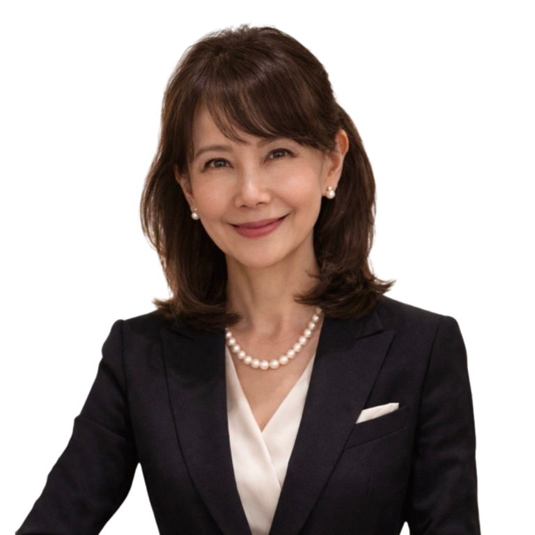 A woman with shoulder-length brown hair wearing a black blazer, white blouse, pearl necklace, and pearl earrings, smiling against a white background.
